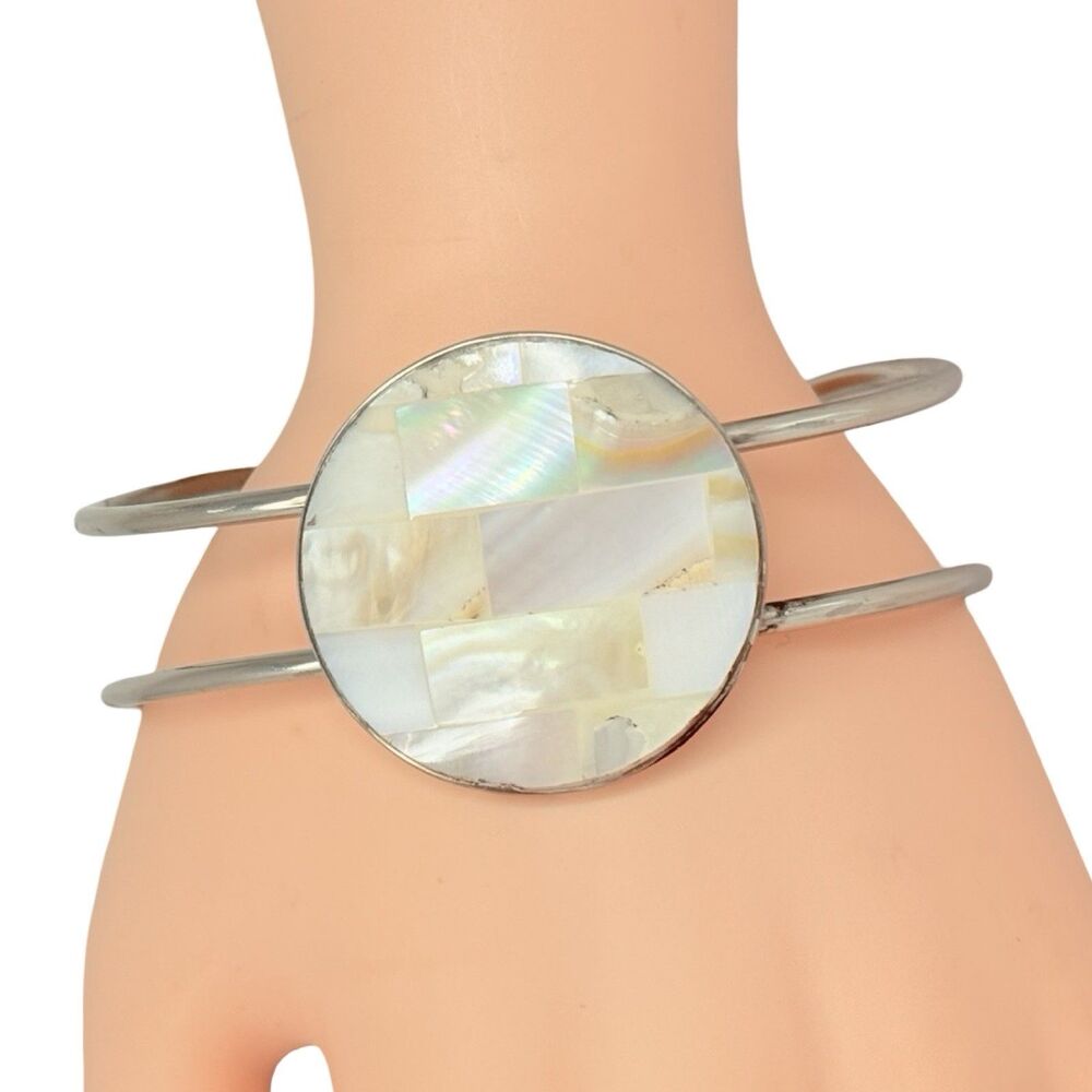 Mother Of Pearl Round Mosaic Cuff Bracelet 7.5" Polished Silver Tone Bohemian